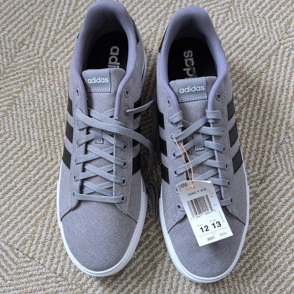 New adidas Men’s Daily 4.0 Gray Core Black White Canvas Sneakers Size 12